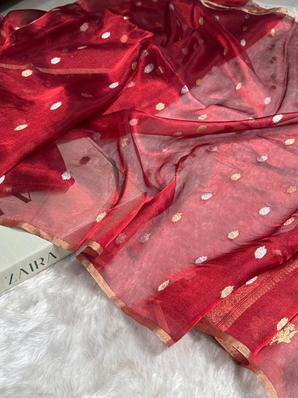 Red Floral Shades Pure Tissue Handloom Silk Saree PT-28