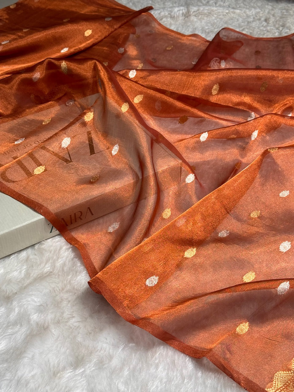 Rust Floral Shades Pure Tissue Handloom Silk Saree PT-29