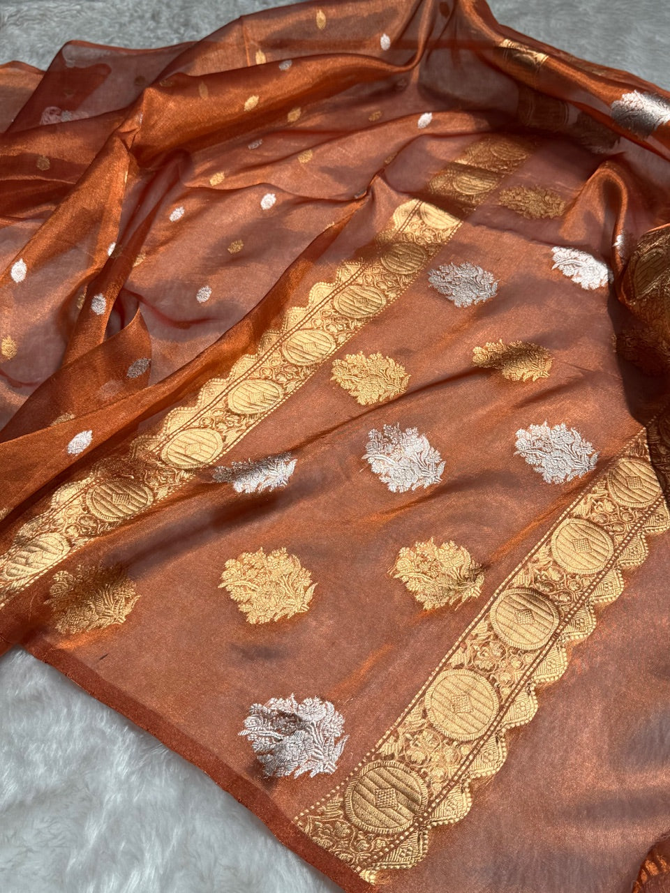 Rust Floral Shades Pure Tissue Handloom Silk Saree PT-29