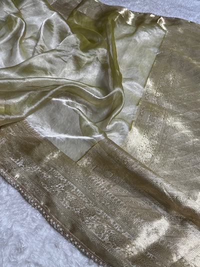 Olive Green Shades Pure Tissue Silk Saree with Gotta Patti Brocade Blouse PTGP-08