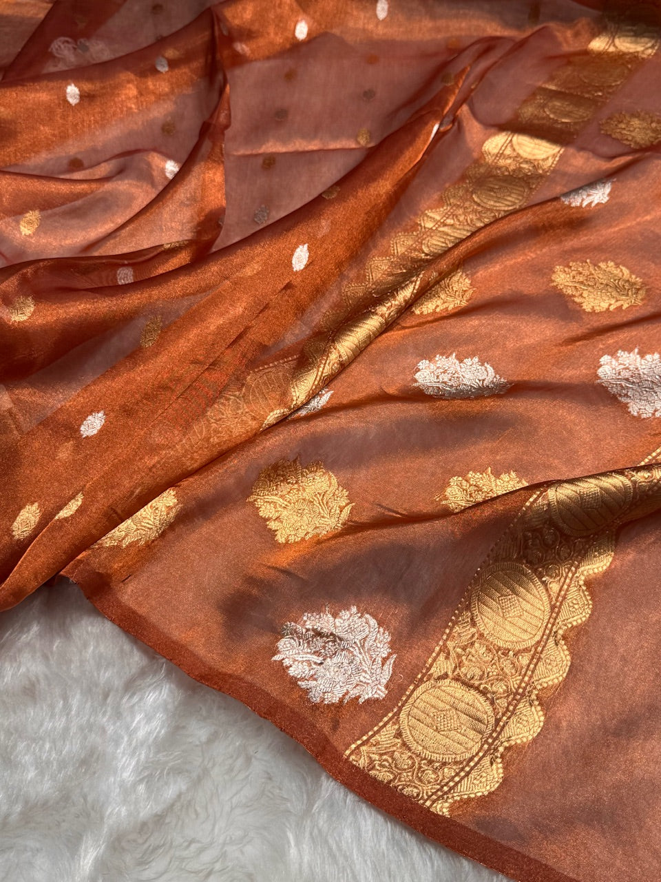 Rust Floral Shades Pure Tissue Handloom Silk Saree PT-29