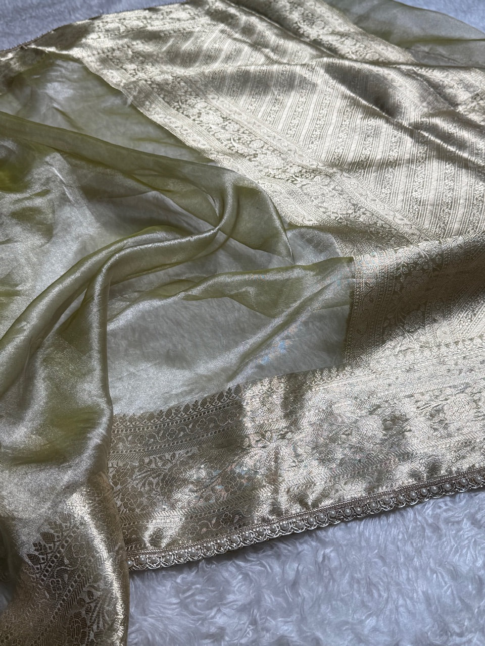 Olive Green Shades Pure Tissue Silk Saree with Brocade Blouse PT-08