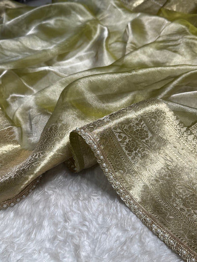 Olive Green Shades Pure Tissue Silk Saree with Gotta Patti Brocade Blouse PTGP-08