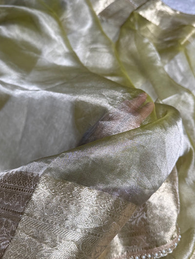 Olive Green Shades Pure Tissue Silk Saree with Gotta Patti Brocade Blouse PTGP-08