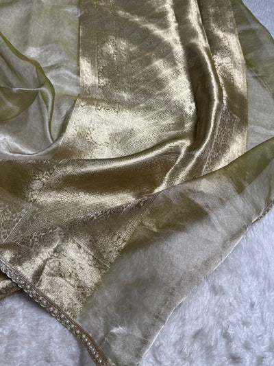 Olive Green Shades Pure Tissue Silk Saree with Gotta Patti Brocade Blouse PTGP-08