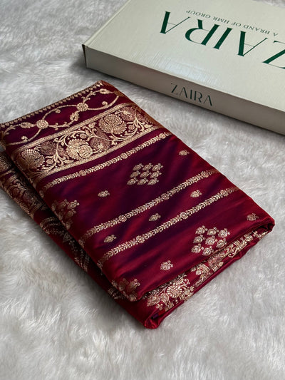 Magentic Red Floral Boota Pattern Satin Katan Silk saree SK39