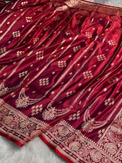 Magentic Red Floral Boota Pattern Satin Katan Silk saree SK39