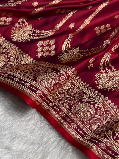 Magentic Red Floral Boota Pattern Satin Katan Silk saree SK39