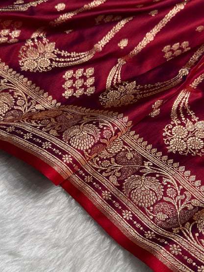Maroon Floral Boota Pattern Satin Katan Silk saree SK39