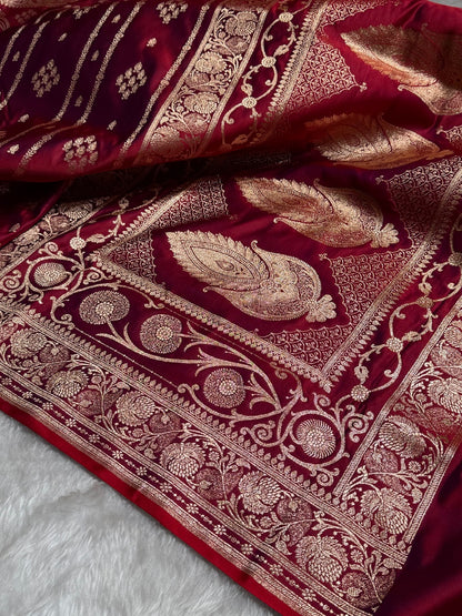 Maroon Floral Boota Pattern Satin Katan Silk saree SK39
