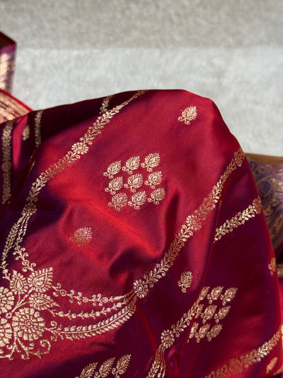 Magentic Red Floral Boota Pattern Satin Katan Silk saree SK39