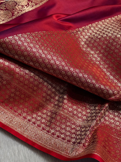 Magentic Red Floral Boota Pattern Satin Katan Silk saree SK39