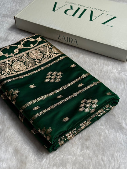 Bottle Green Floral Boota Pattern Satin Katan Silk saree SK39