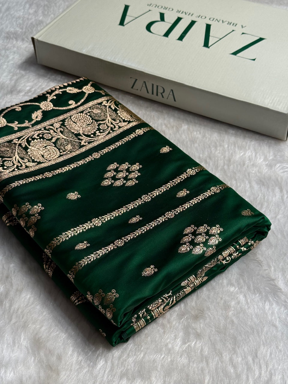 Bottle Green Floral Boota Pattern Satin Katan Silk saree SK39