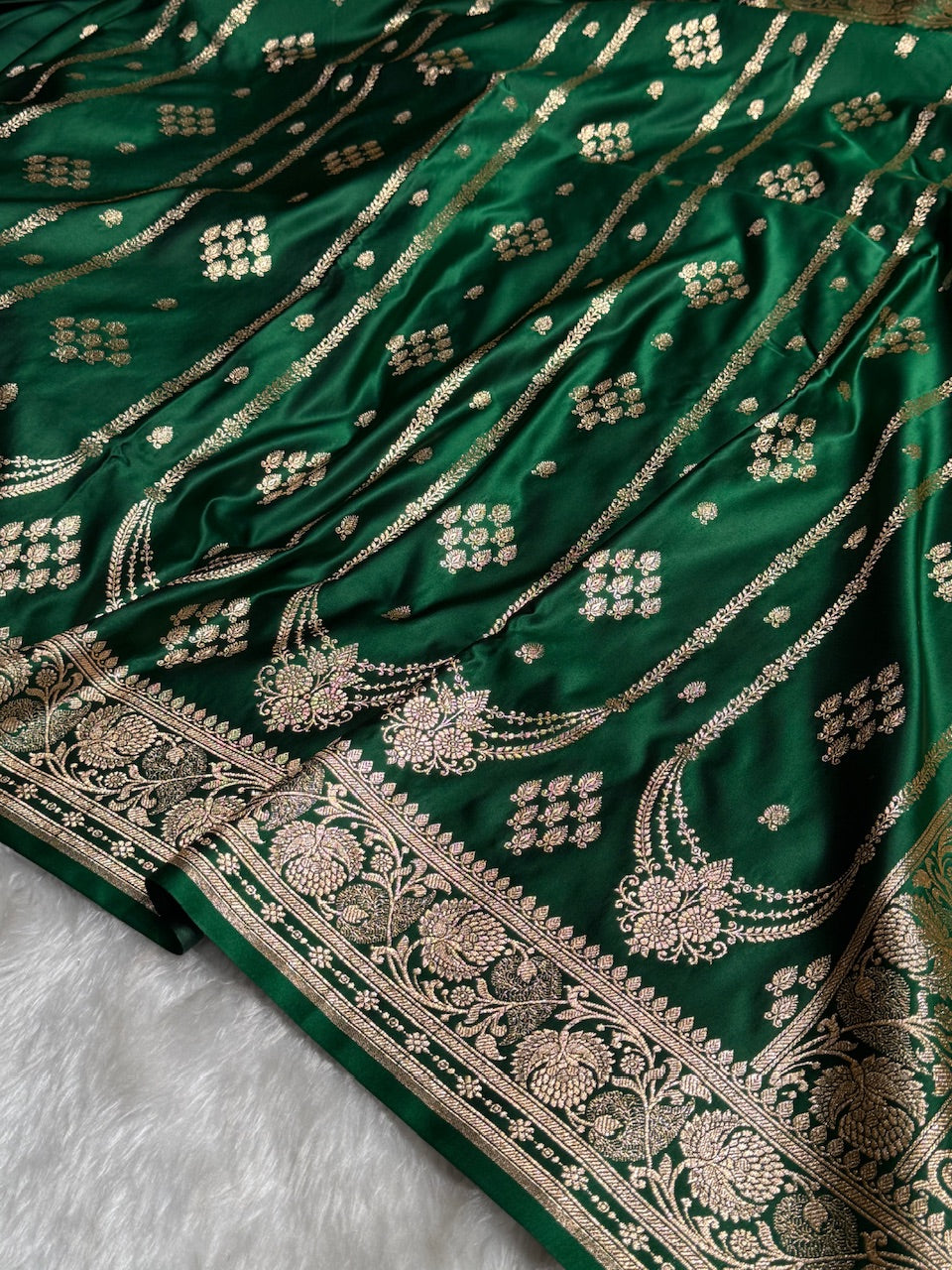 Bottle Green Floral Boota Pattern Satin Katan Silk saree SK39