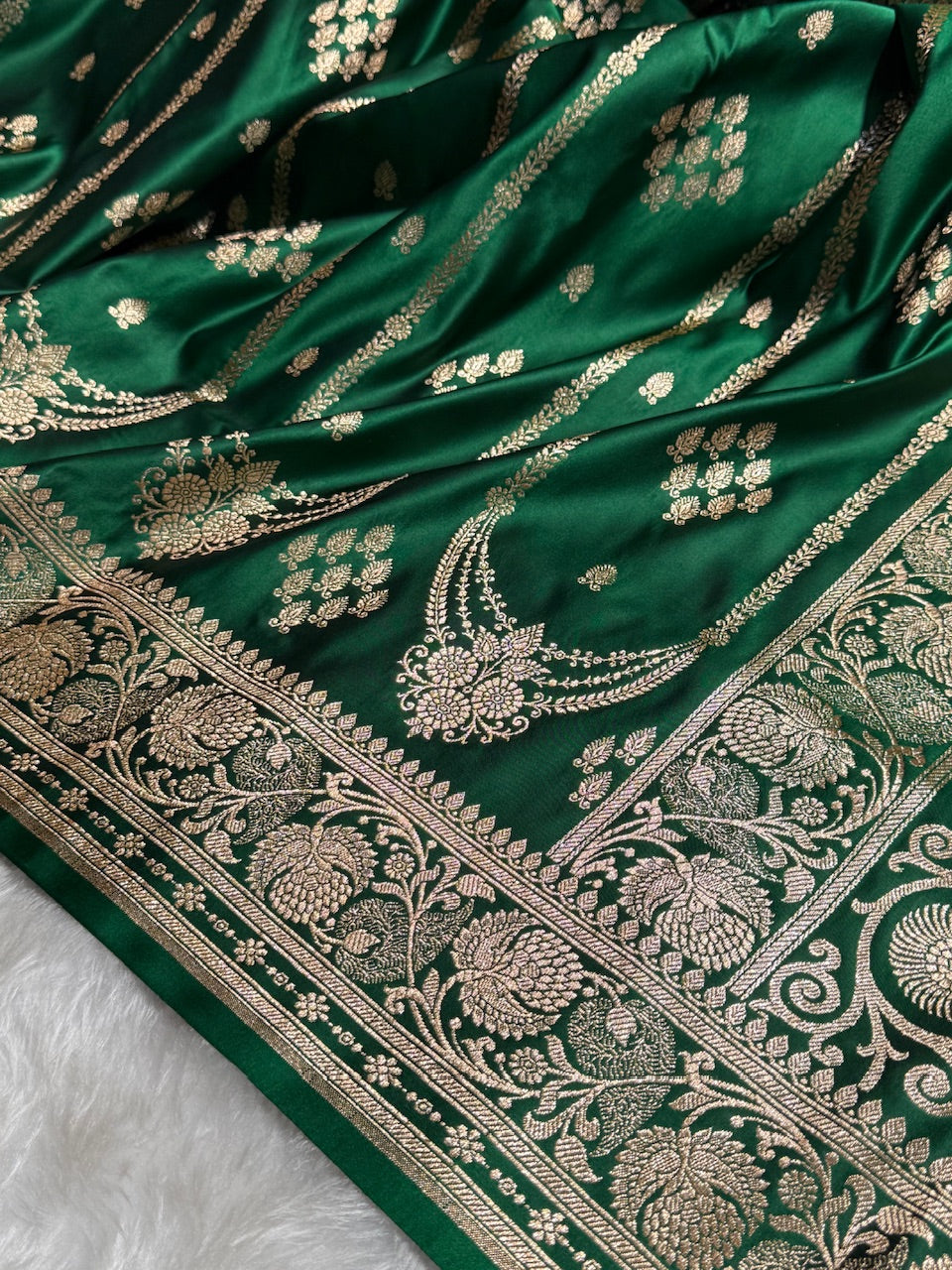 Bottle Green Floral Boota Pattern Satin Katan Silk saree SK39