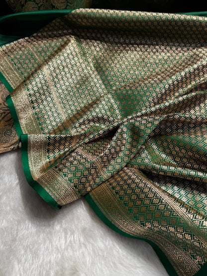 Bottle Green Floral Boota Pattern Satin Katan Silk saree SK39