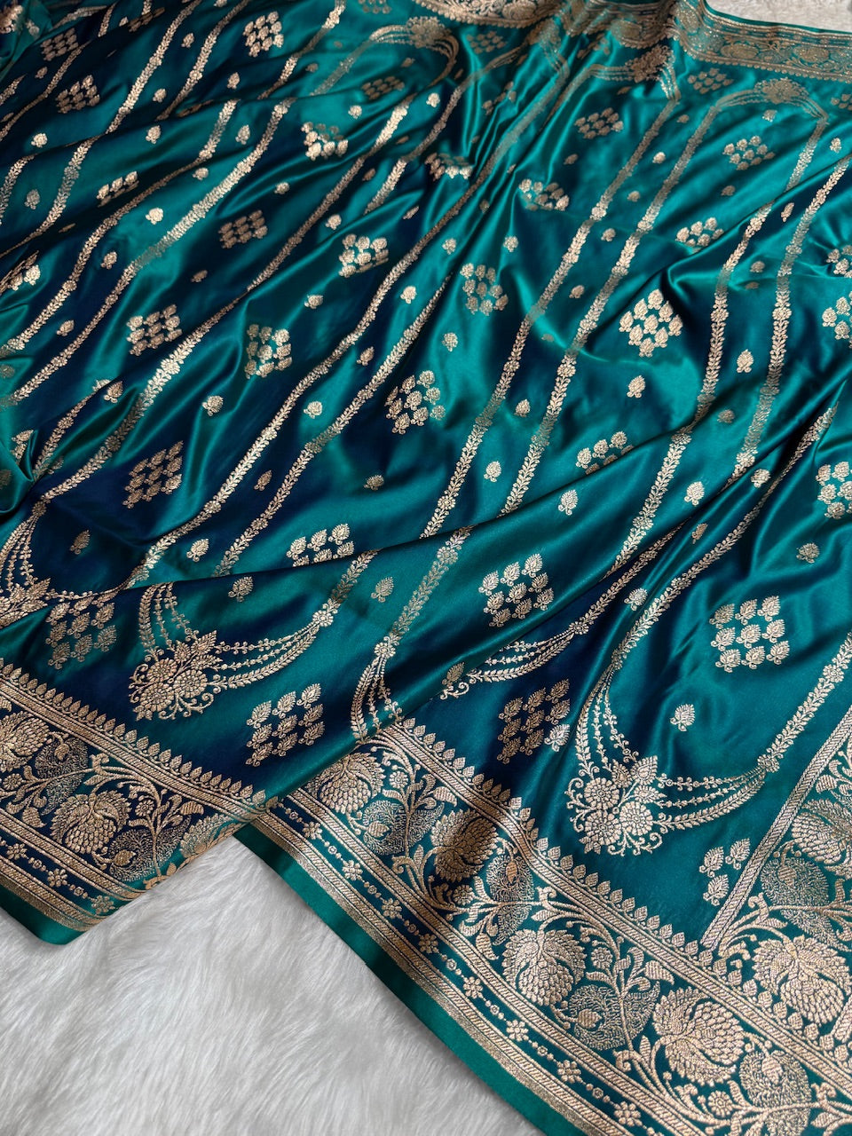 Peacock Floral Boota Pattern Satin Katan Silk saree SK39