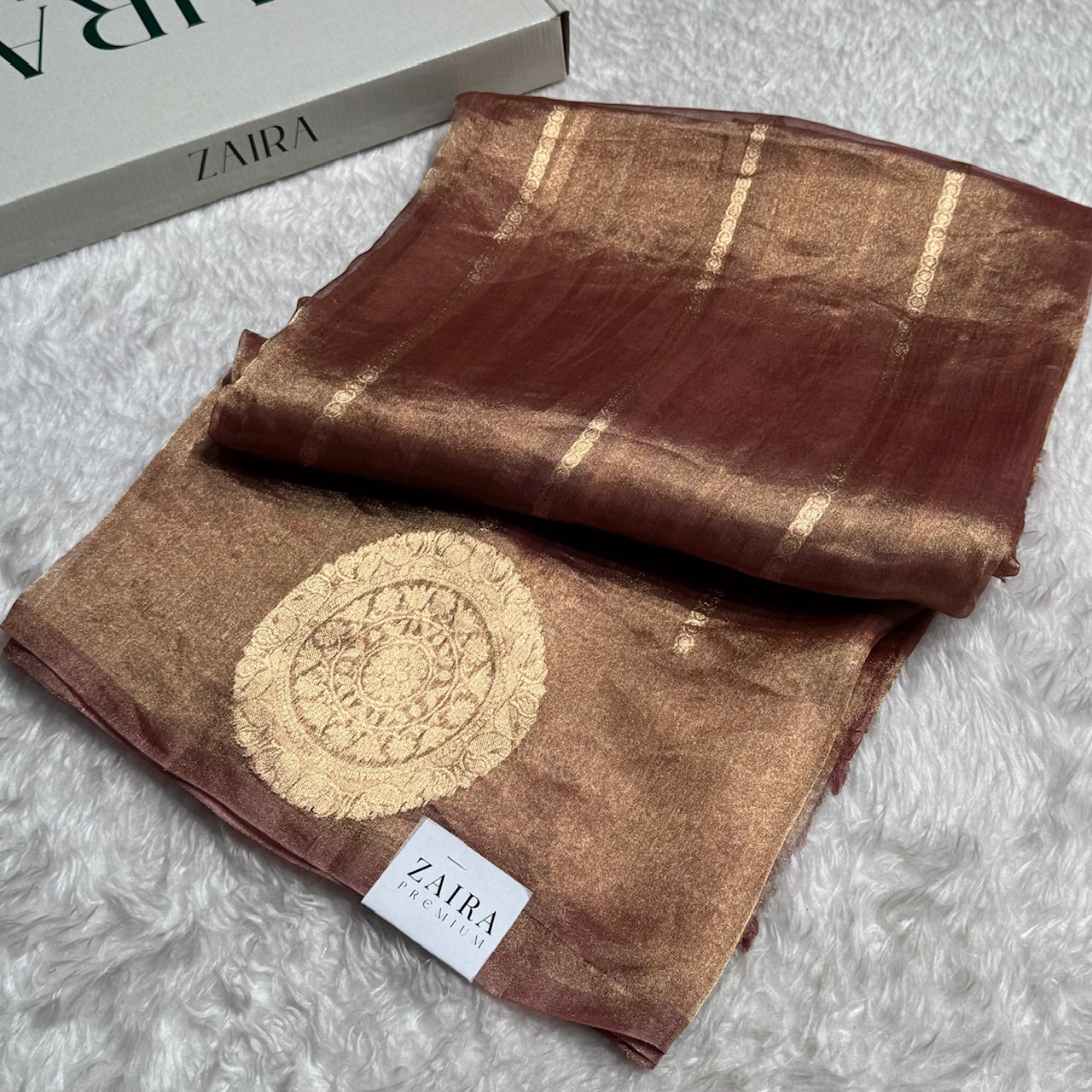 Pastel Brown Round Boota Pure Tissue Silk Saree with Brocade Blouse PT-20