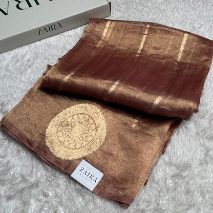 Pastel Brown Round Boota Pure Tissue Silk Saree with Brocade Blouse PT-20