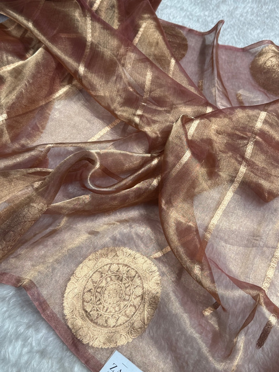 Pastel Brown Round Boota Pure Tissue Silk Saree with Brocade Blouse PT-20