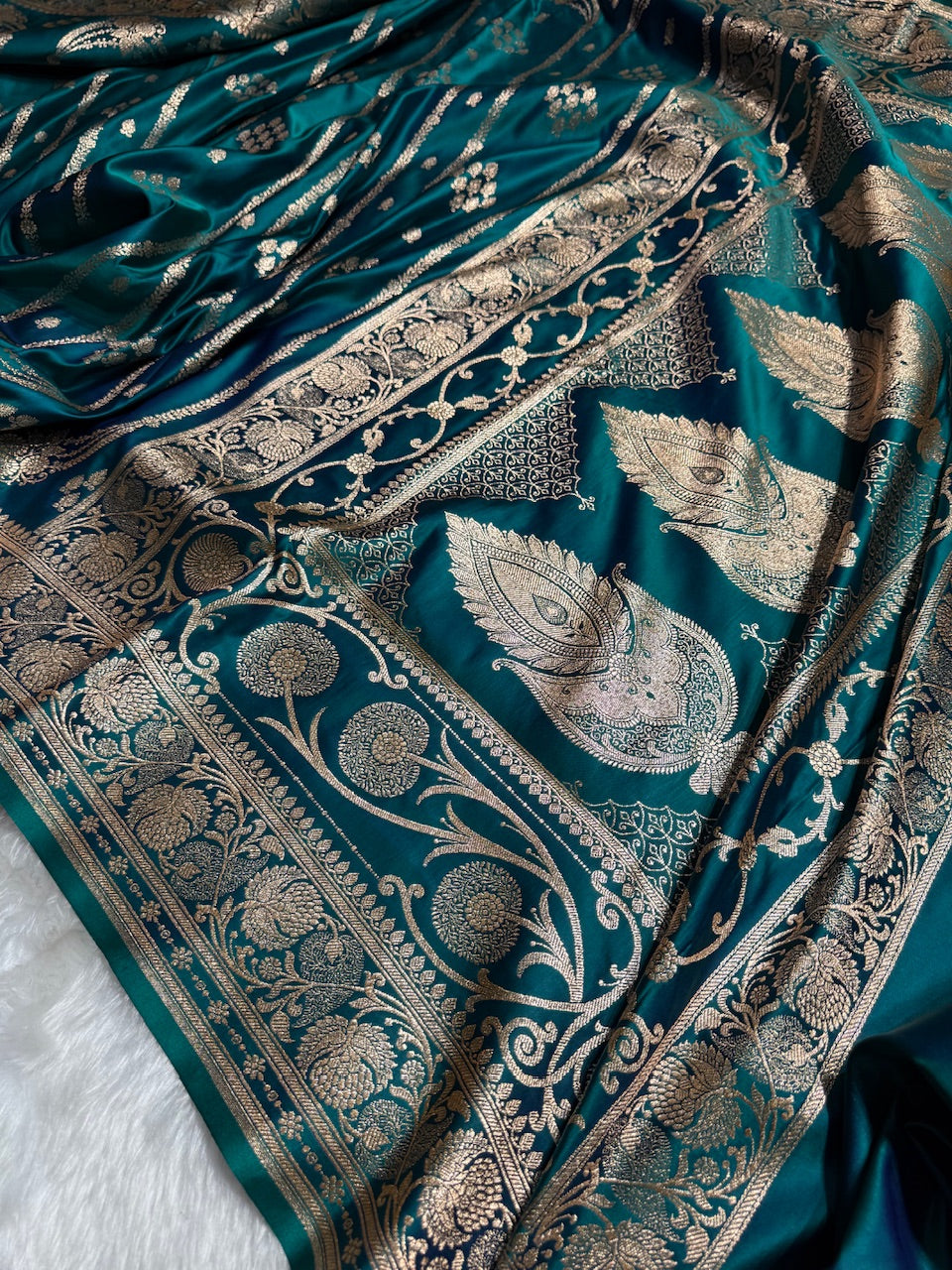 Peacock Floral Boota Pattern Satin Katan Silk saree SK39