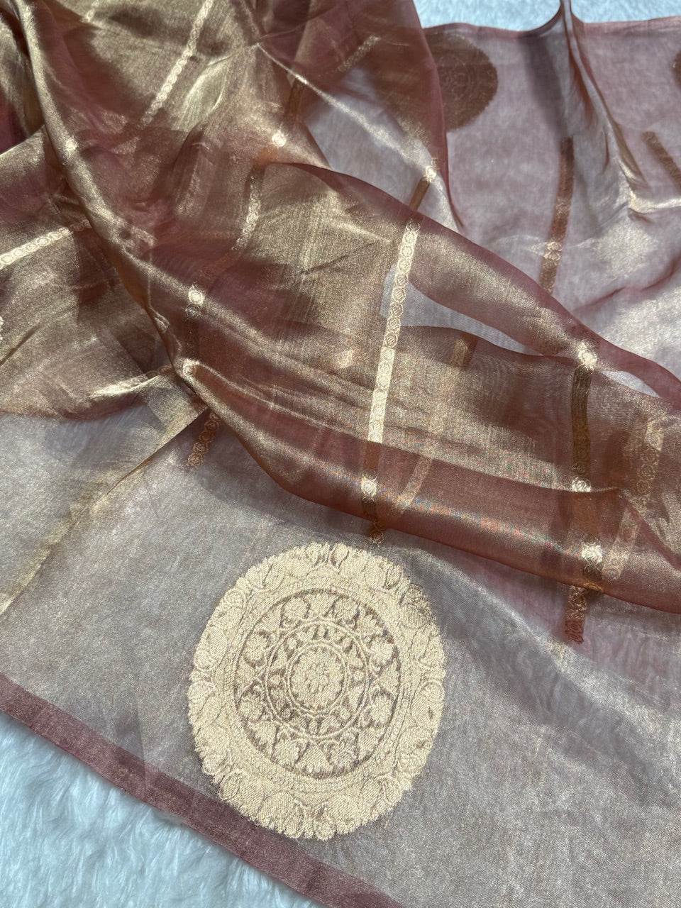 Pastel Brown Round Boota Pure Tissue Silk Saree with Brocade Blouse PT-20