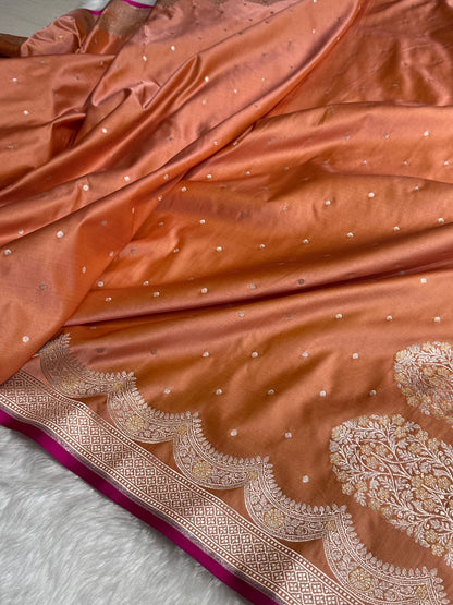 Kesar Shades Scallop Motif Booti Mashru Silk Saree
