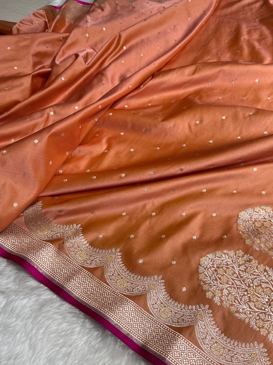 Kesar Shades Scallop Motif Booti Mashru Silk Saree