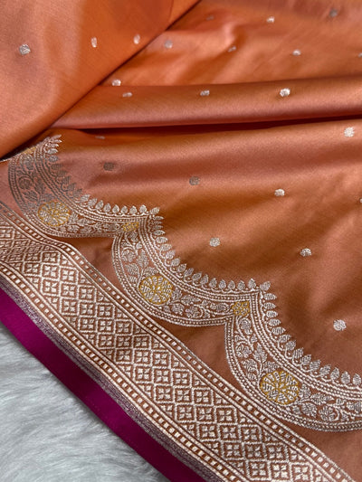 Kesar Shades Scallop Motif Booti Mashru Silk Saree