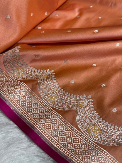 Kesar Shades Scallop Motif Booti Mashru Silk Saree