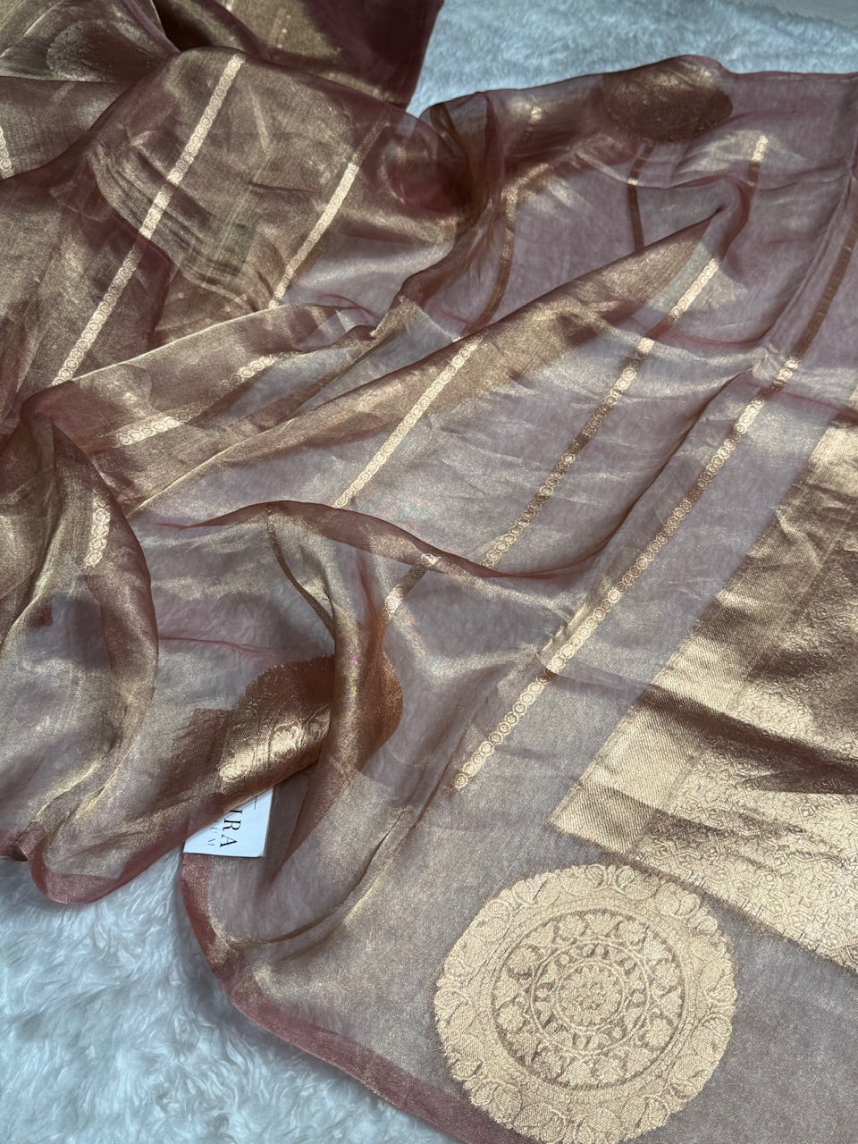 Pastel Brown Round Boota Pure Tissue Silk Saree with Brocade Blouse PT-20