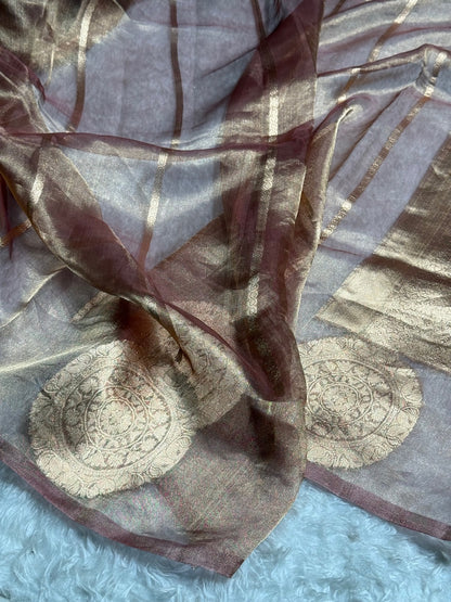 Pastel Brown Round Boota Pure Tissue Silk Saree with Brocade Blouse PT-20