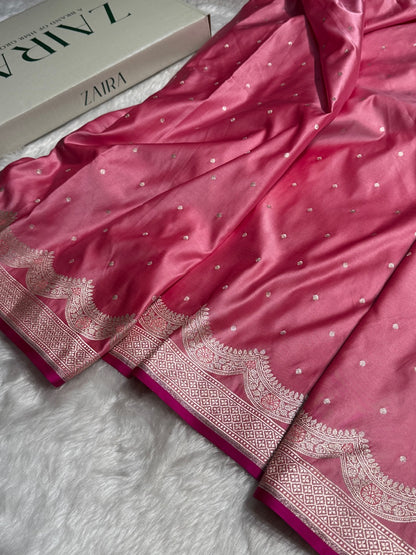 Baby Pink Shades Scallop Motif Booti Mashru Silk Saree