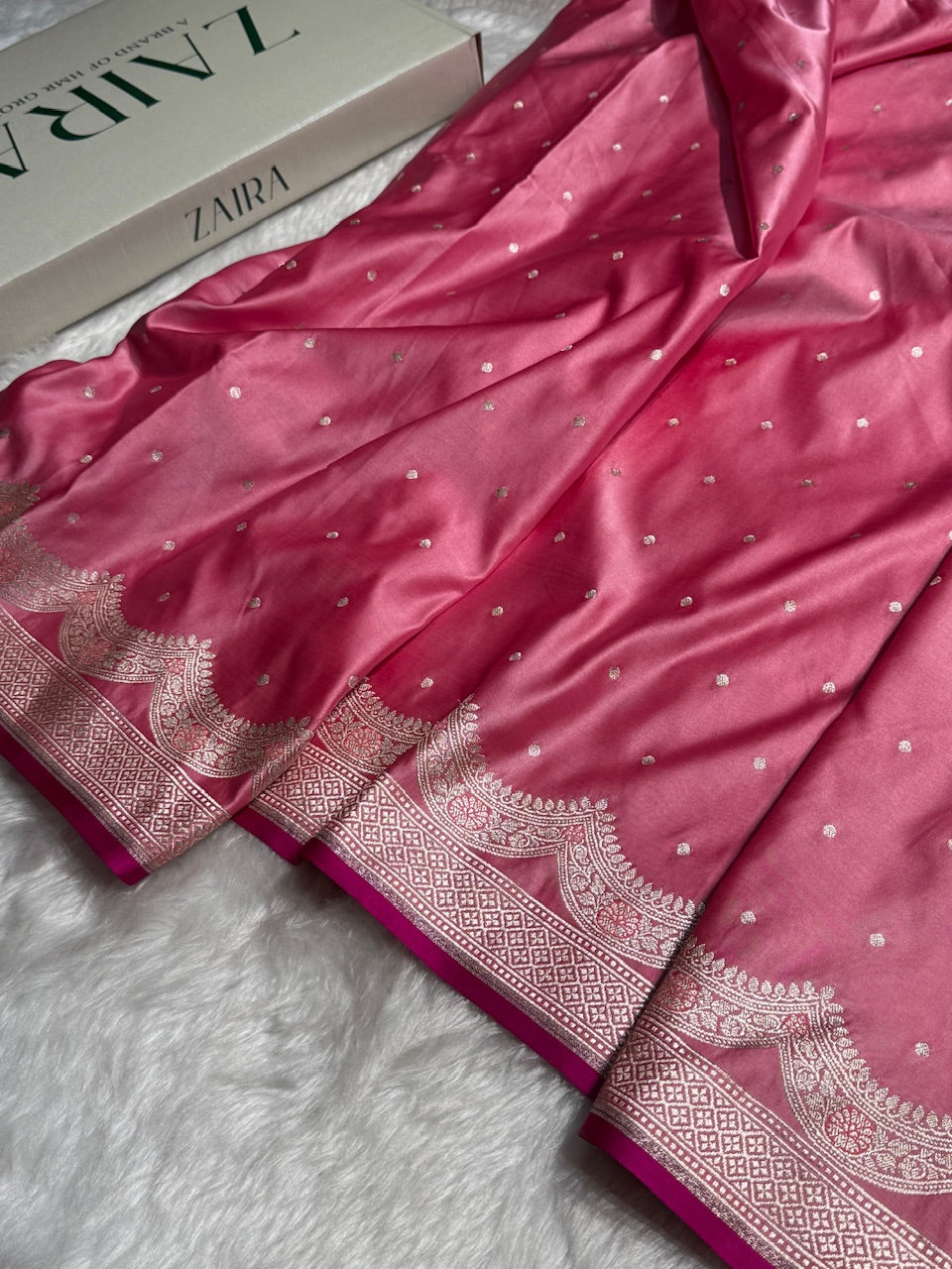 Baby Pink Shades Scallop Motif Booti Mashru Silk Saree