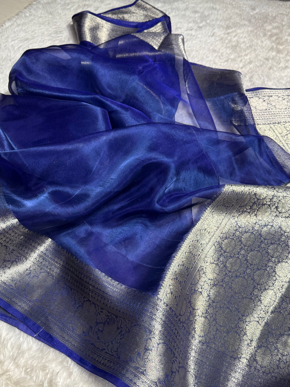 Night Blue Shades Pure Tissue Silk Saree with Brocade Blouse PT-11