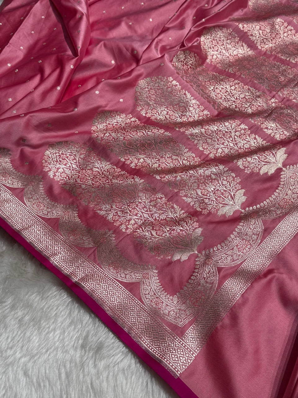 Baby Pink Shades Scallop Motif Booti Mashru Silk Saree