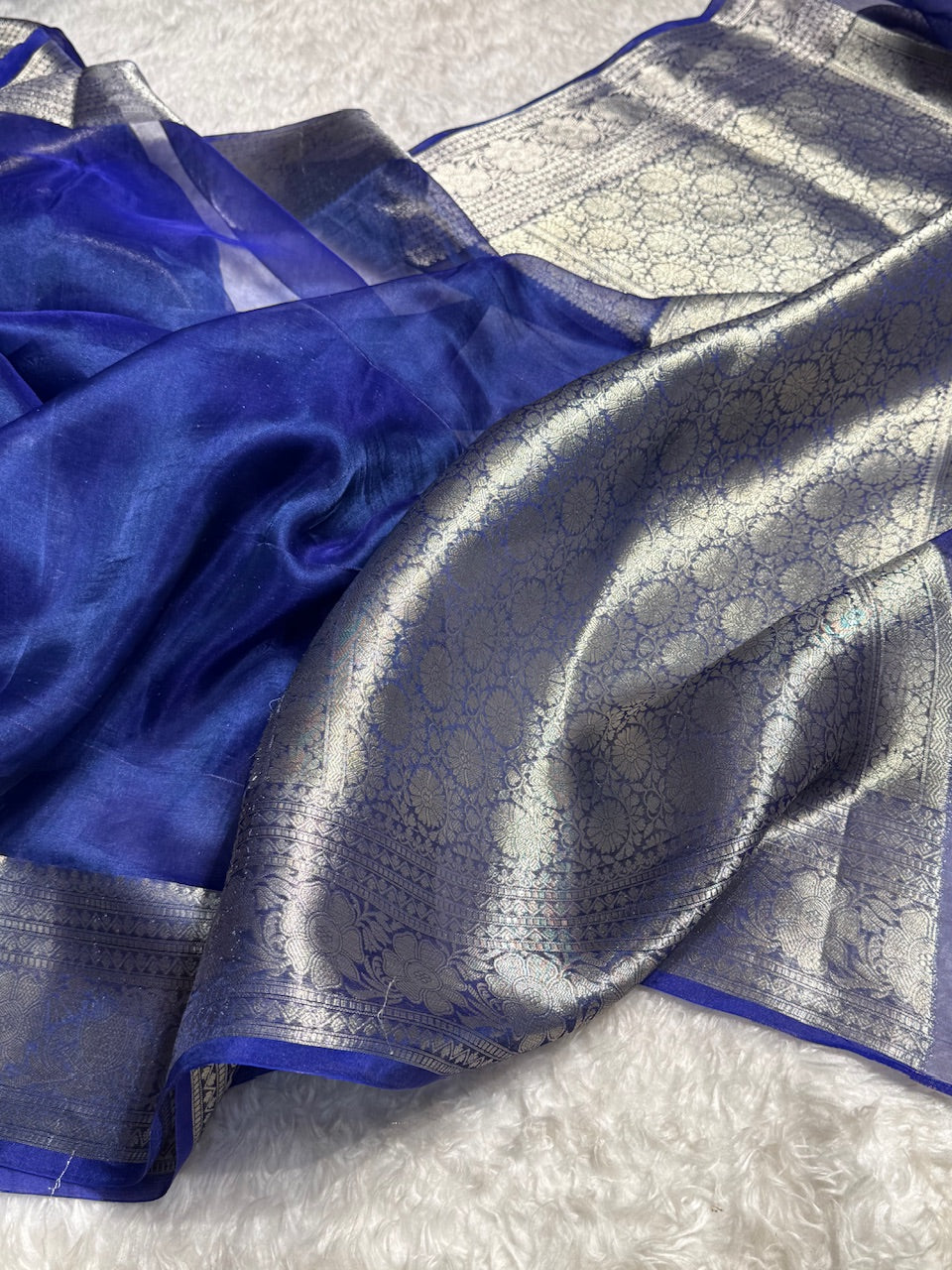 Night Blue Shades Pure Tissue Silk Saree with Brocade Blouse PT-11