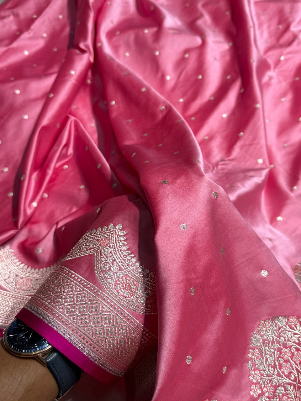Baby Pink Shades Scallop Motif Booti Mashru Silk Saree