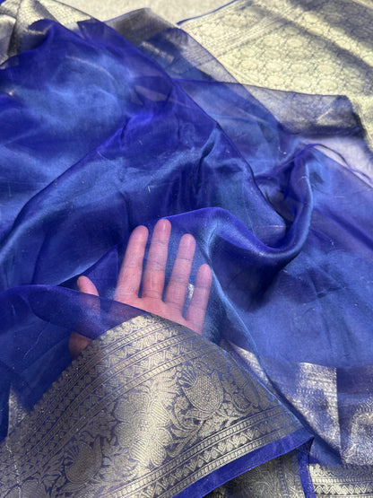 Night Blue Shades Pure Tissue Silk Saree with Brocade Blouse PT-11