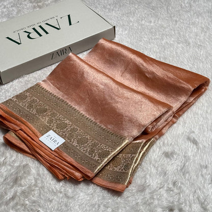 Brown Rust Shades Pure Tissue Silk Saree with Brocade Blouse PT-08
