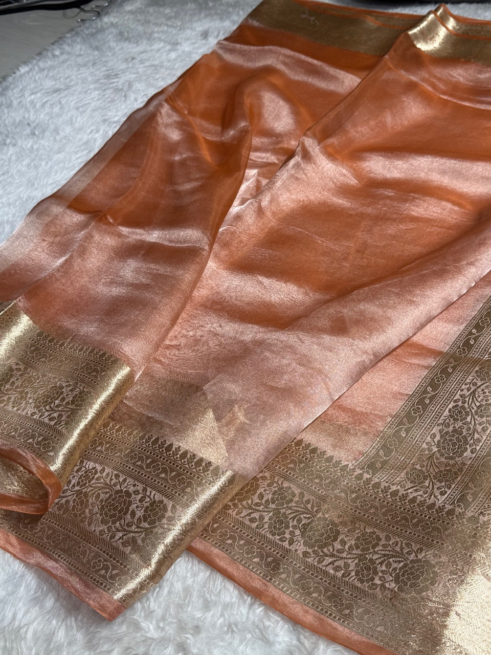 Brown Rust Shades Pure Tissue Silk Saree with Brocade Blouse PT-08