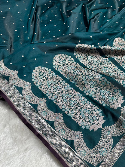 Dark Rama Shades Scallop Motif Booti Mashru Silk Saree
