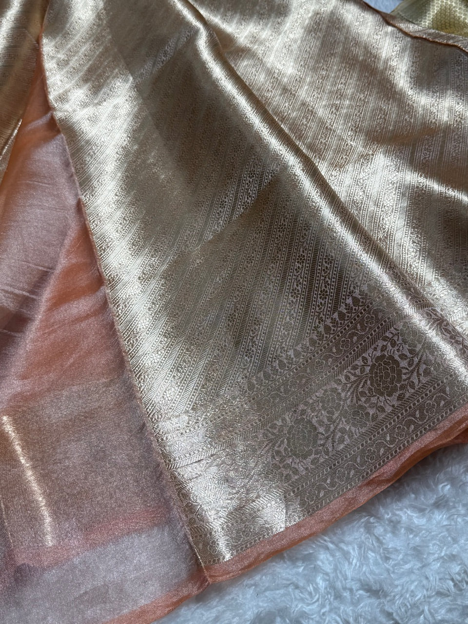 Brown Rust Shades Pure Tissue Silk Saree with Brocade Blouse PT-08