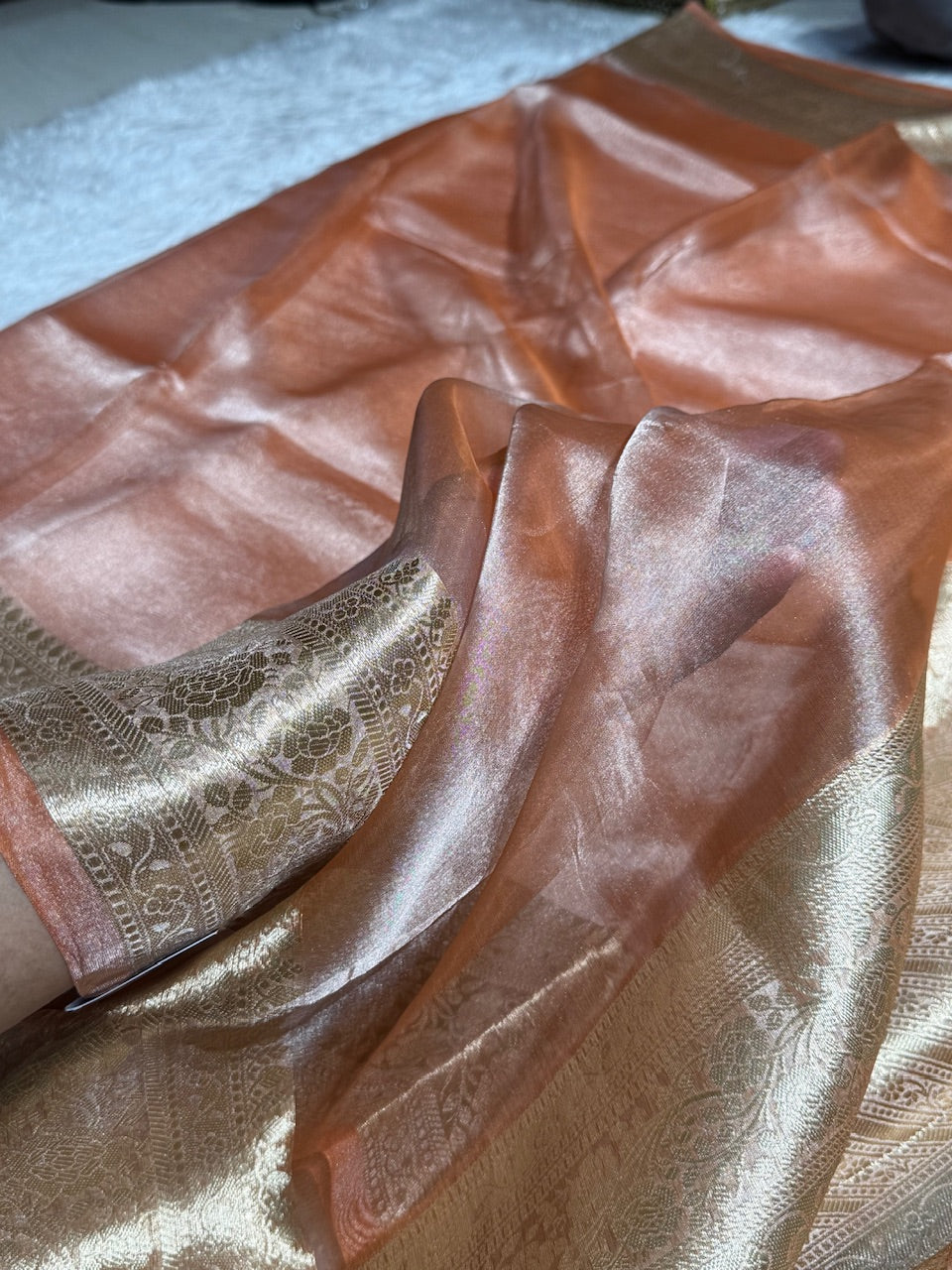 Brown Rust Shades Pure Tissue Silk Saree with Brocade Blouse PT-08