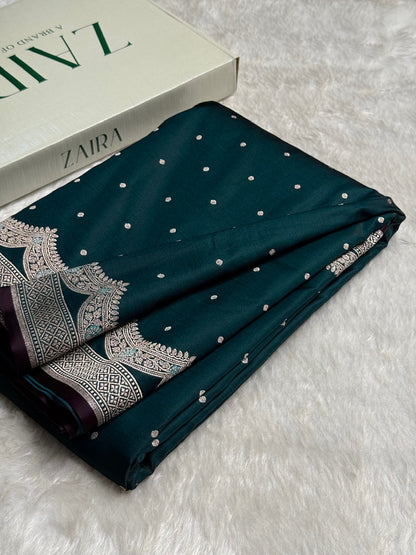 Dark Rama Shades Scallop Motif Booti Mashru Silk Saree