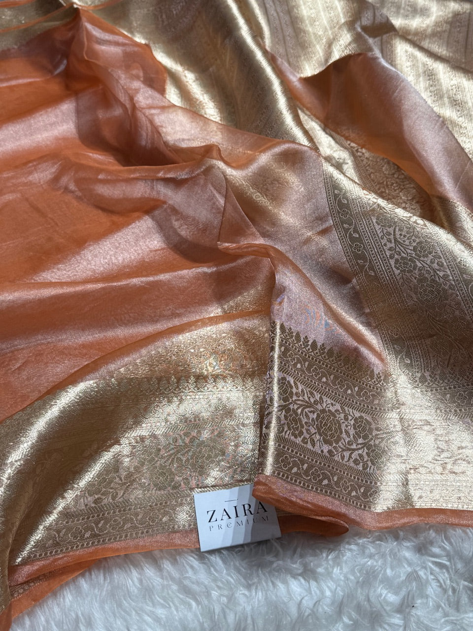Brown Rust Shades Pure Tissue Silk Saree with Brocade Blouse PT-08