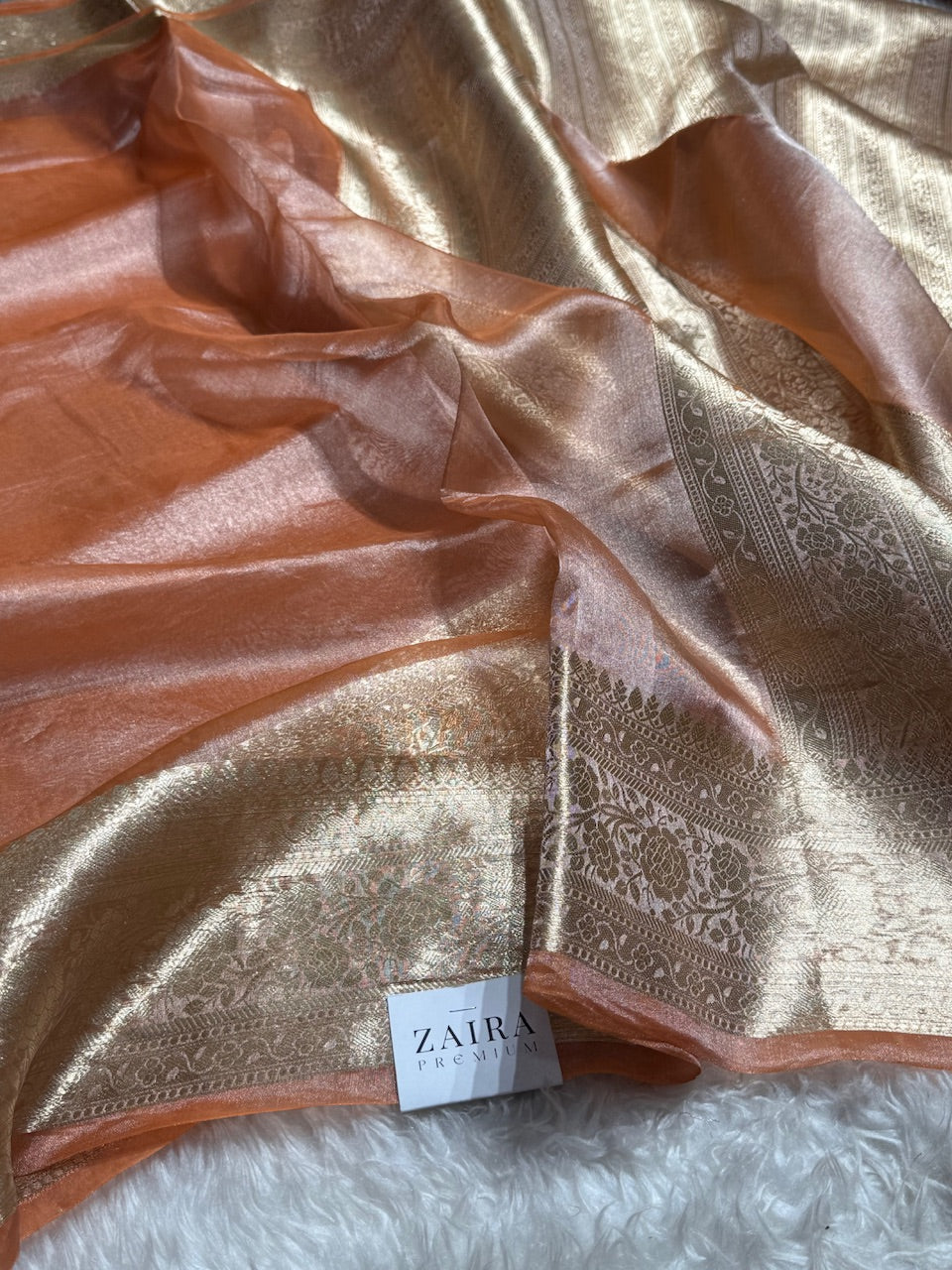 Brown Rust Shades Pure Tissue Silk Saree with Brocade Blouse PT-08