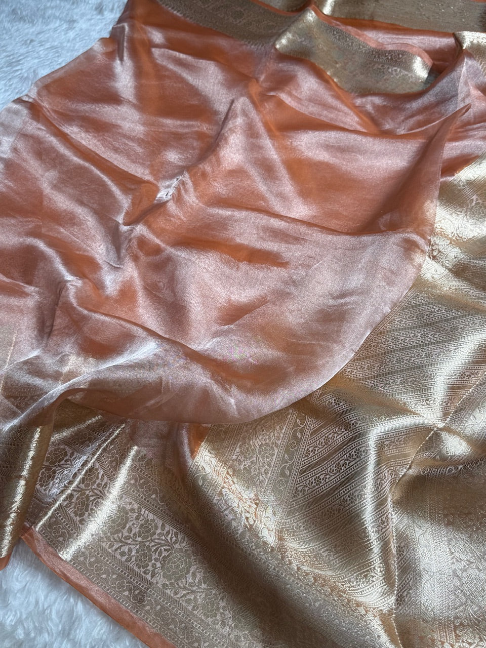Brown Rust Shades Pure Tissue Silk Saree with Brocade Blouse PT-08