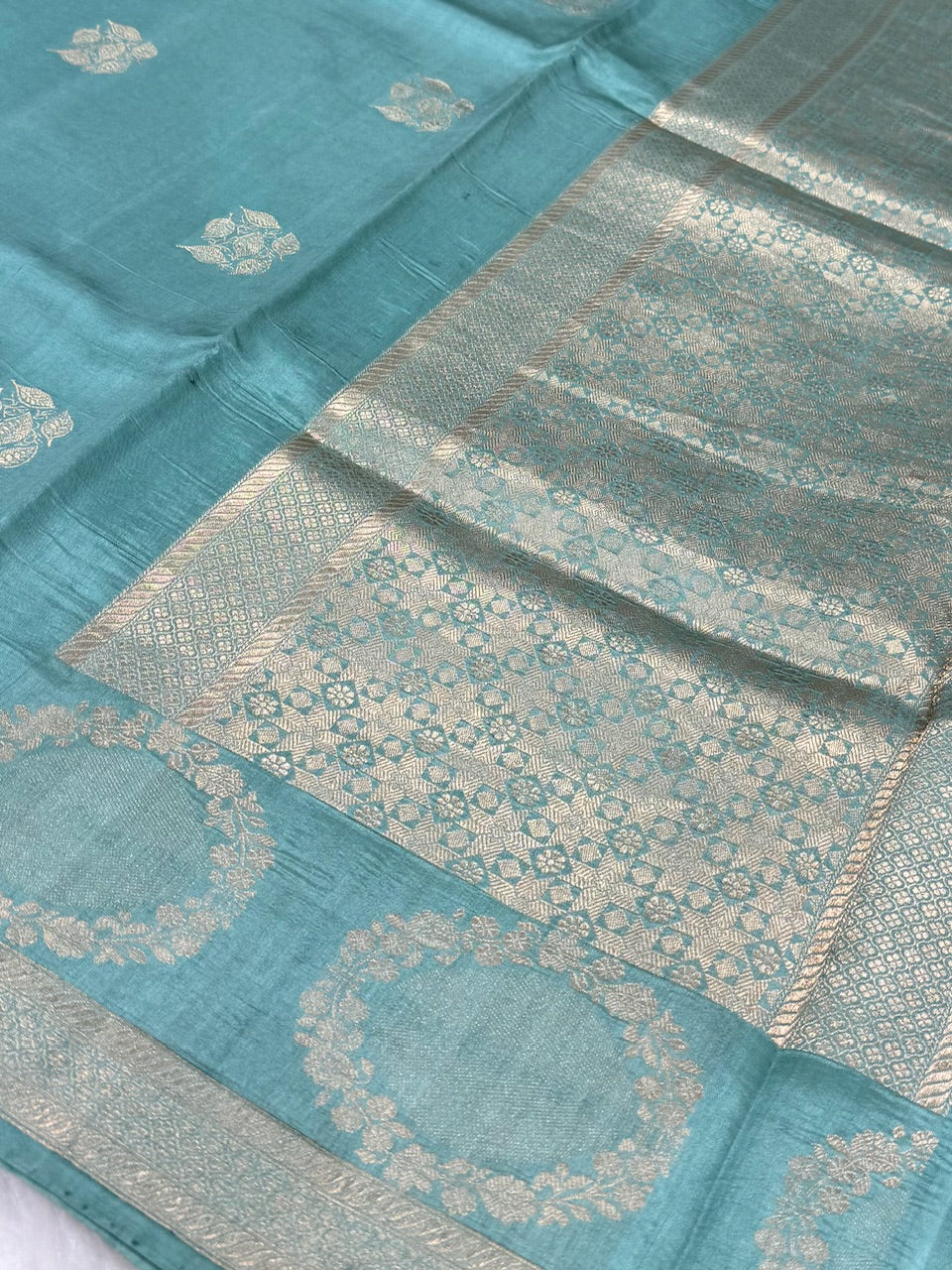 Turquoise Shades Meena Boota Handwoven Raw Mango Silk RM-34